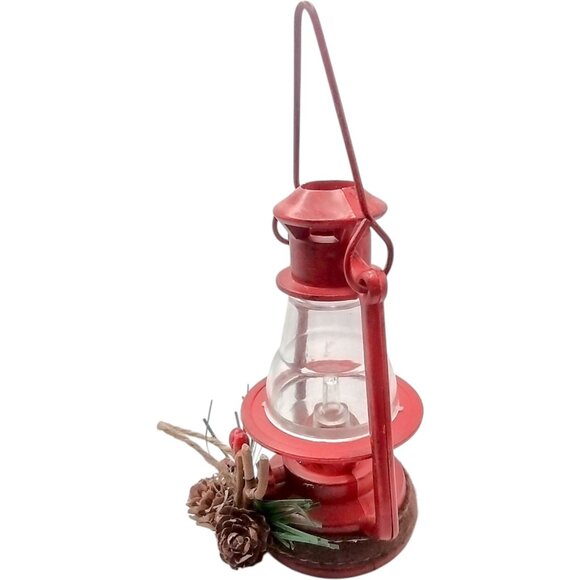 Vintage Red Metal Lantern Ornament With Pinecone & Berry Decoration Large 6" - Picture 7 of 9